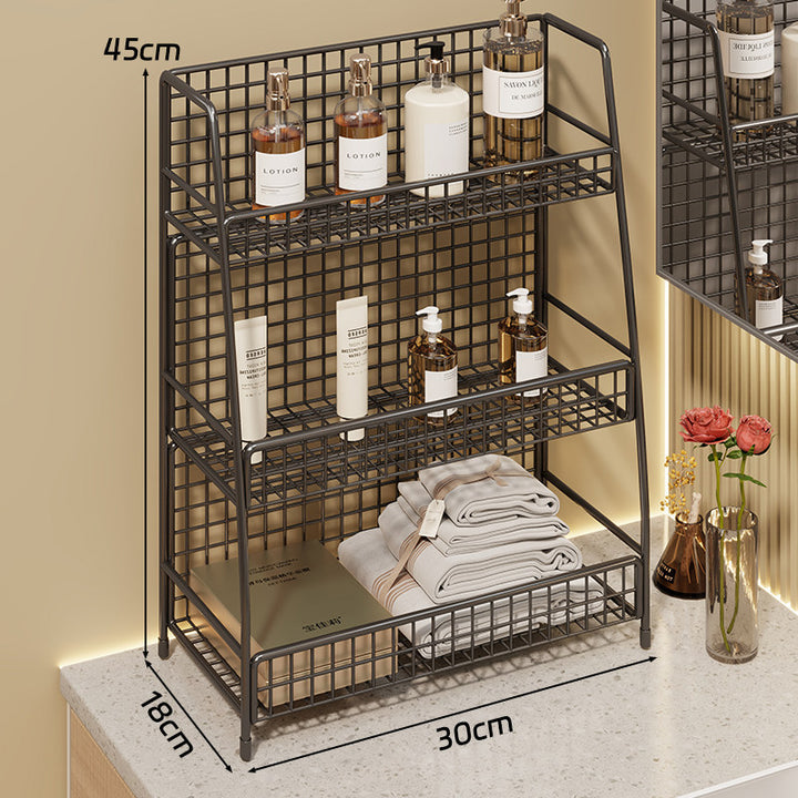 Angled Desktop Mesh Vanity and Countertop Organizer with Three Wire-Tier Baskets and Grid Back