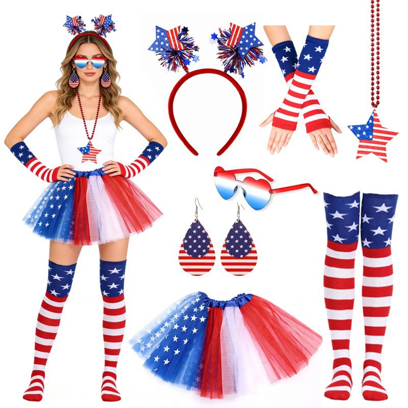 Women's patriotic carnival costume set with layered tulle skirt elastic waistband bow hairband thigh-high stockings and arm warmers Kalsten