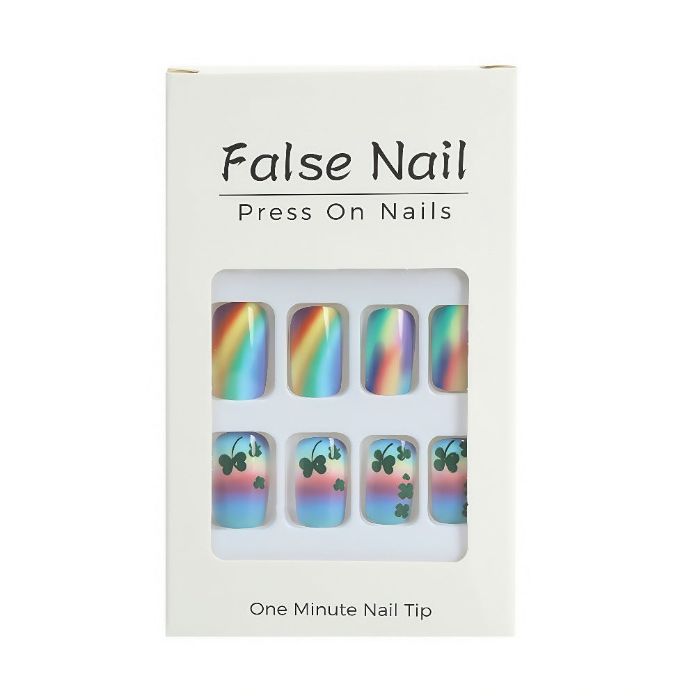 Artificial nails with colorful rainbow and clover leaf designs Kalsten