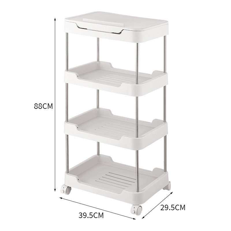 Three-tier rolling storage cart made of plastic with removable inserts and wheels