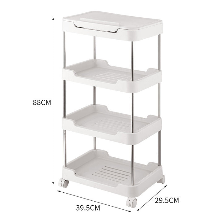 Three-tier rolling storage cart made of plastic with removable inserts and wheels