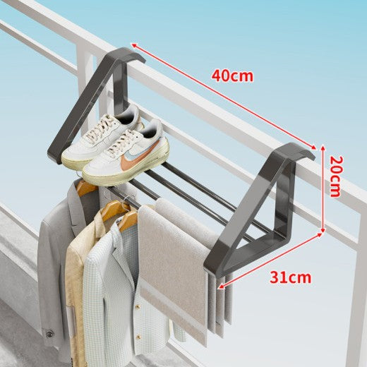 Window-Mounted Foldable Drying Rack with Multi-Bar Shoe and Garment Shelf