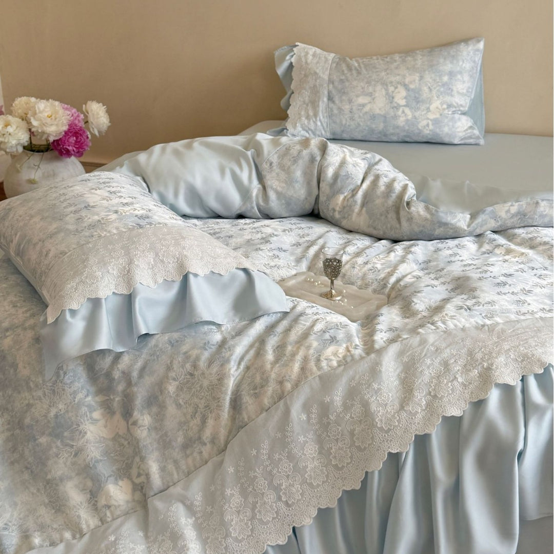 Luxurious satin bedding set with lace trim and ruffle