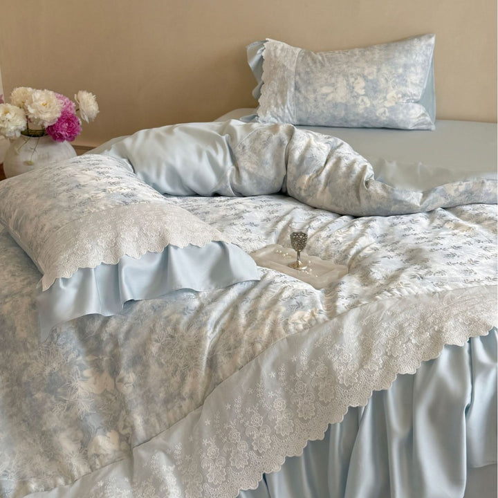 Luxurious satin bedding set with lace trim and ruffle