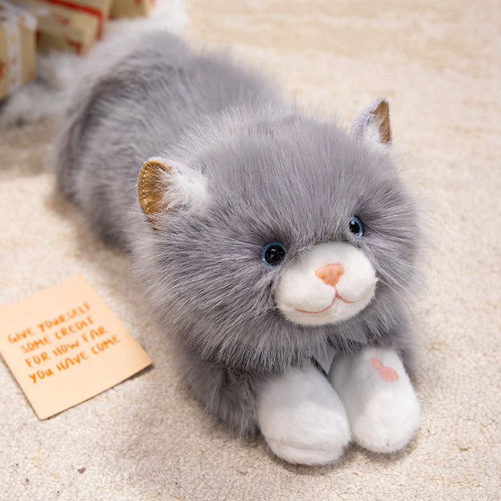 Lifelike Reclining Cat Plush Cuddle Pillow with Ultra-Soft Faux Fur and Embroidered Face Kalsten