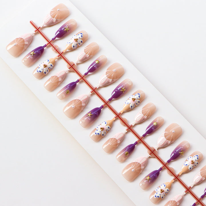 Artistic Press-On Nail Set with Floral Accents