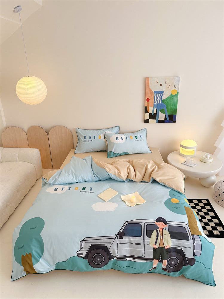 Children's bedding set with off-road jeep adventure illustration and soft cotton mix