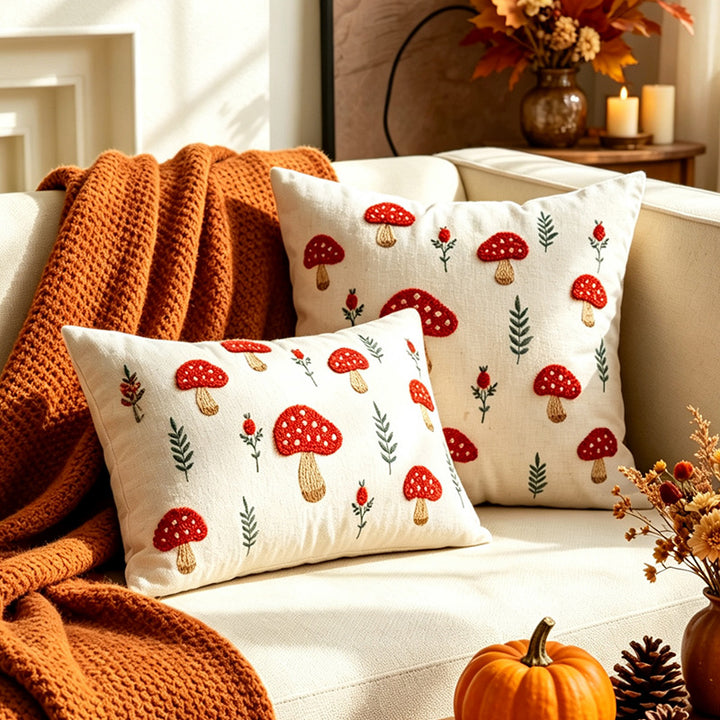 Embroidered Autumn Throw Pillow Cover with Mushroom and Leaf Appliqué