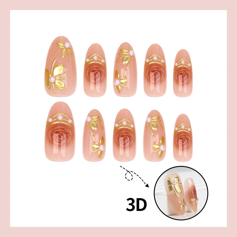 Artificial nail set with romantic rose designs and golden embellishments Kalsten