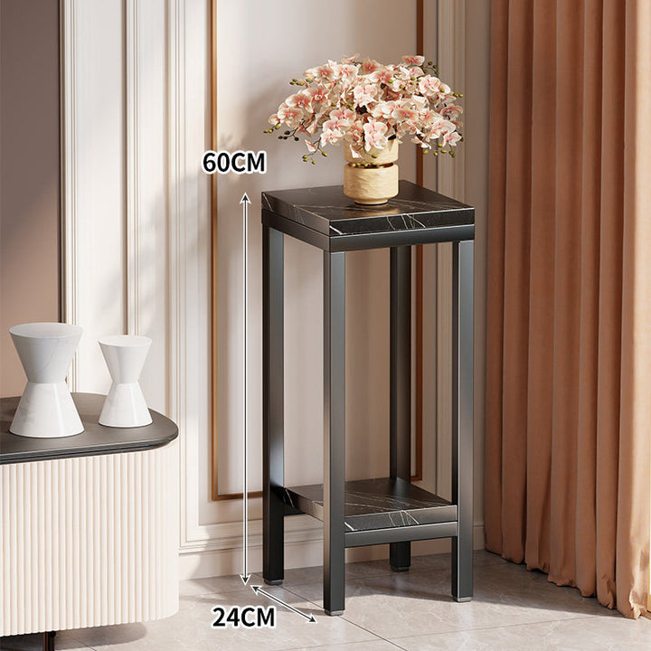Tall Narrow Marble-Top Plant Stand Side Table with Lower Shelf and Gold Metal Frame