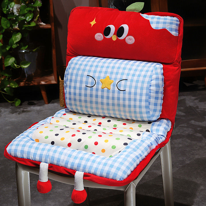 Padded child seat cushion with backrest, neck roll and non-slip fastening straps