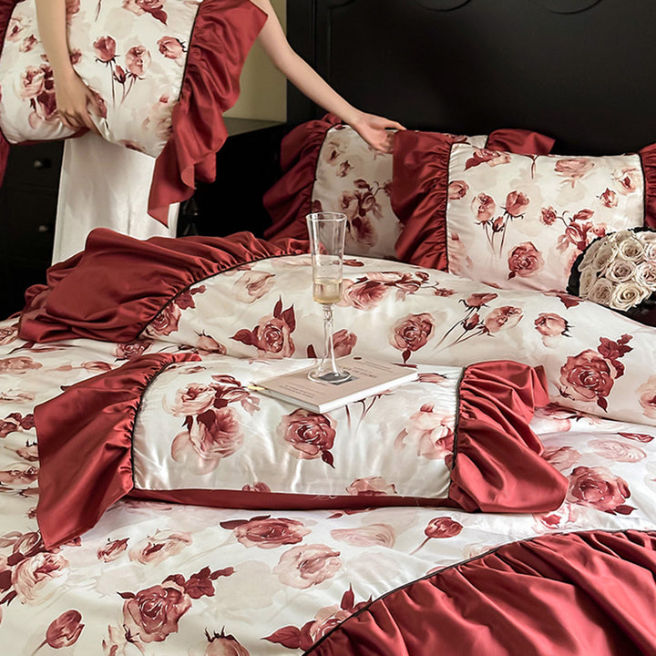 Luxurious flower satin bedding set with frill, bed skirt, and pillowcases