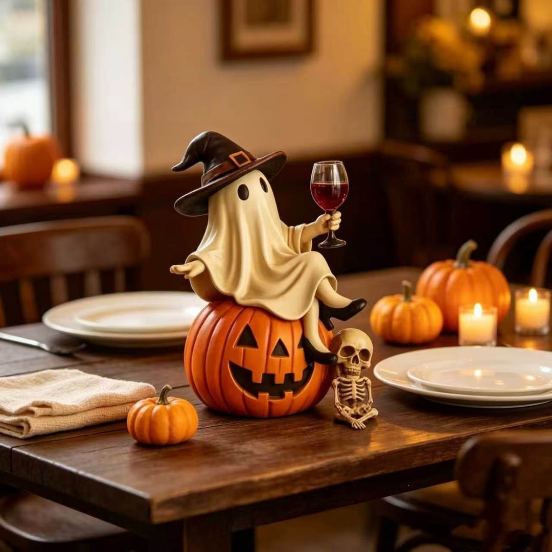 Whimsical Ghost Figurine with Pumpkin Base Kalsten