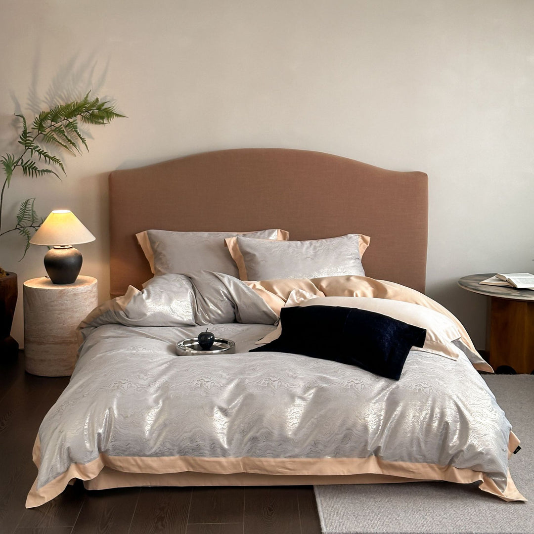 Elegant Reversible Duvet Cover and Pillowcase Set with Jacquard Flower Panel and Fine Quilted Edge