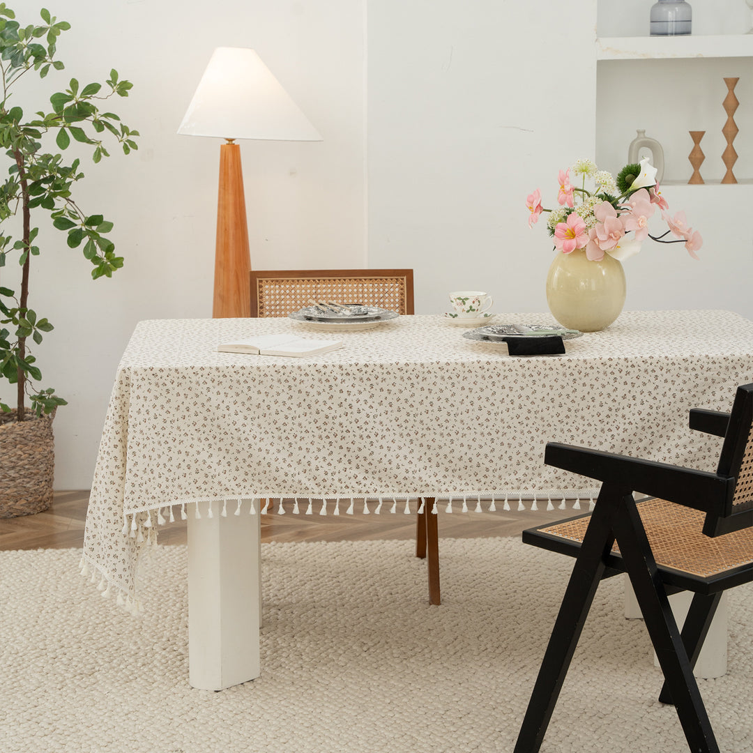 Rectangular tablecloth with floral Millefleurs print and cotton tassels Kalsten