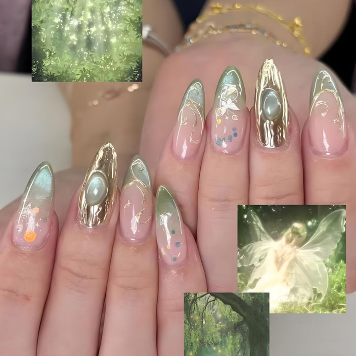 Nail art set with elegant gold accents and floral designs Kalsten