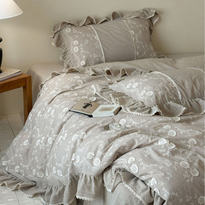 Linen bedding set with floral embroidery, ruffle and bed skirt