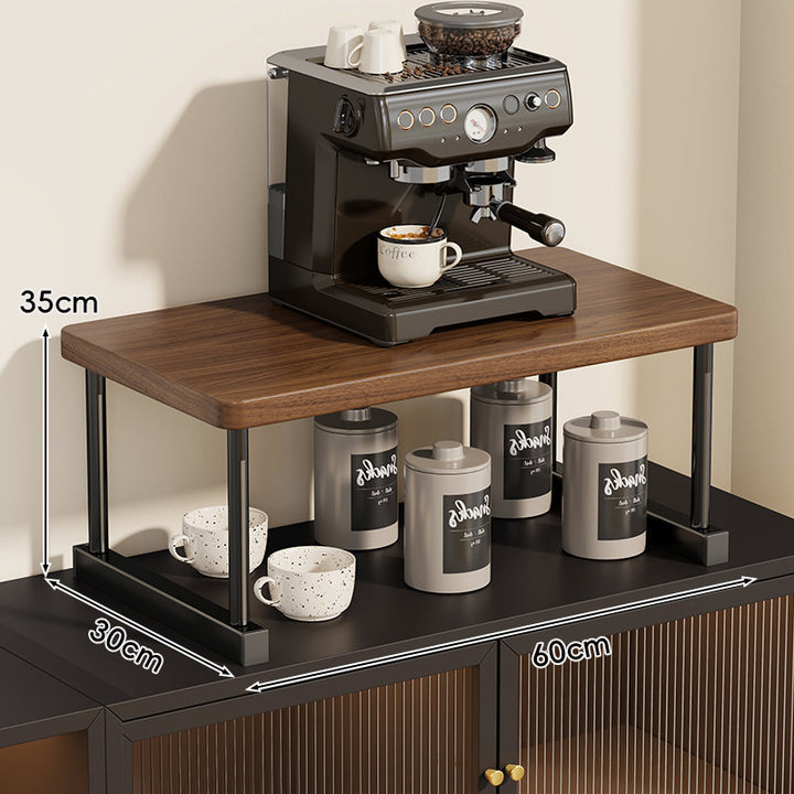 Two-Tier Countertop Coffee Station Shelf Riser with Walnut Top and Metal Frame
