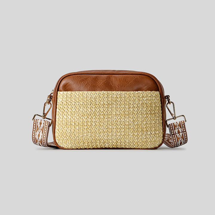 Stylish Crossbody Bag with Woven Straw and Leather Accents