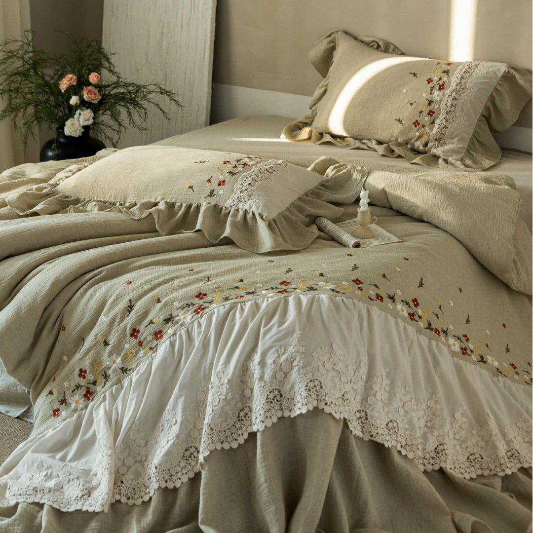 Romantic bedding set with lace bed skirt, embroidered floral decor and ruffle