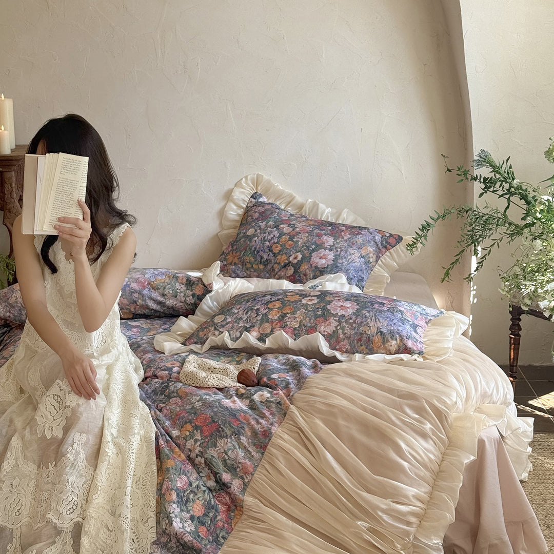 Romantic bedding set with floral center panel and pleated satin ruffle