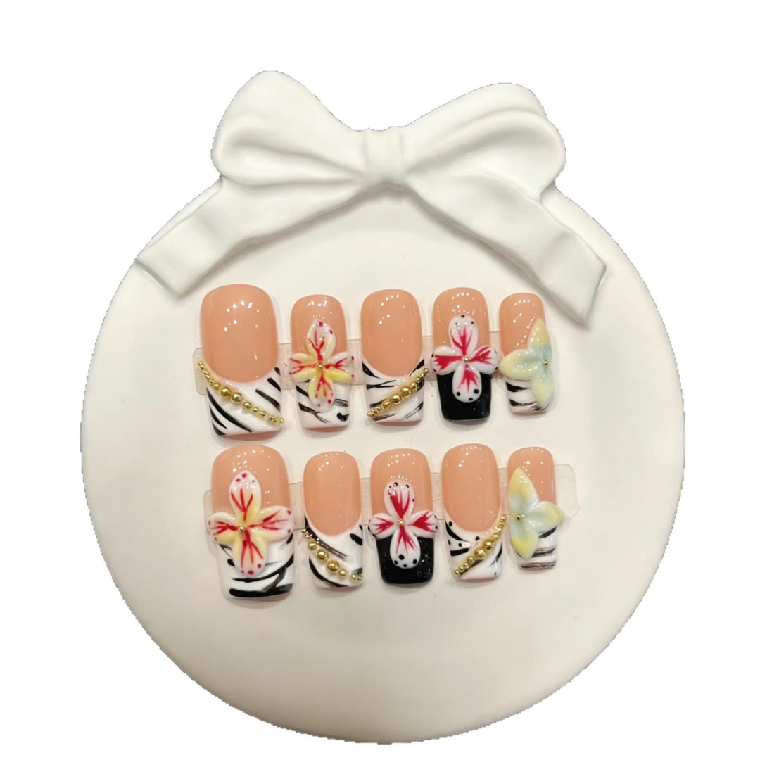 Artistic Press-On Nail Set with Floral and Zebra Pattern