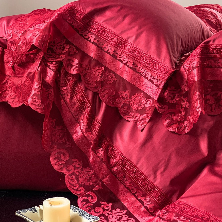 Luxury ruffled bedding set made of cotton satin with fine jacquard texture and concealed closure