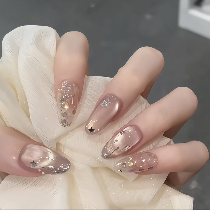 Artistic Press-On Nail Set with Stellar Design