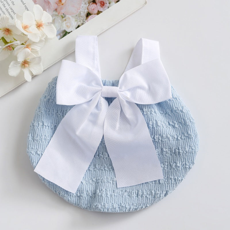 Infant Smocked Halter Romper with Oversized Ribbon  Back