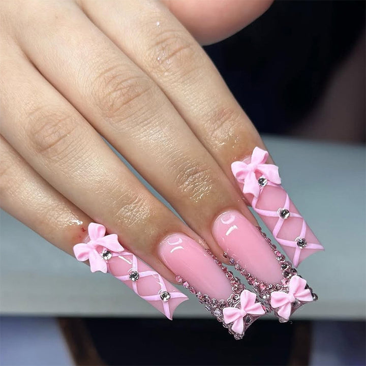 Decorative Press-On Nail Set with Elegant Bow and Gem Accents kalsten 1788496283