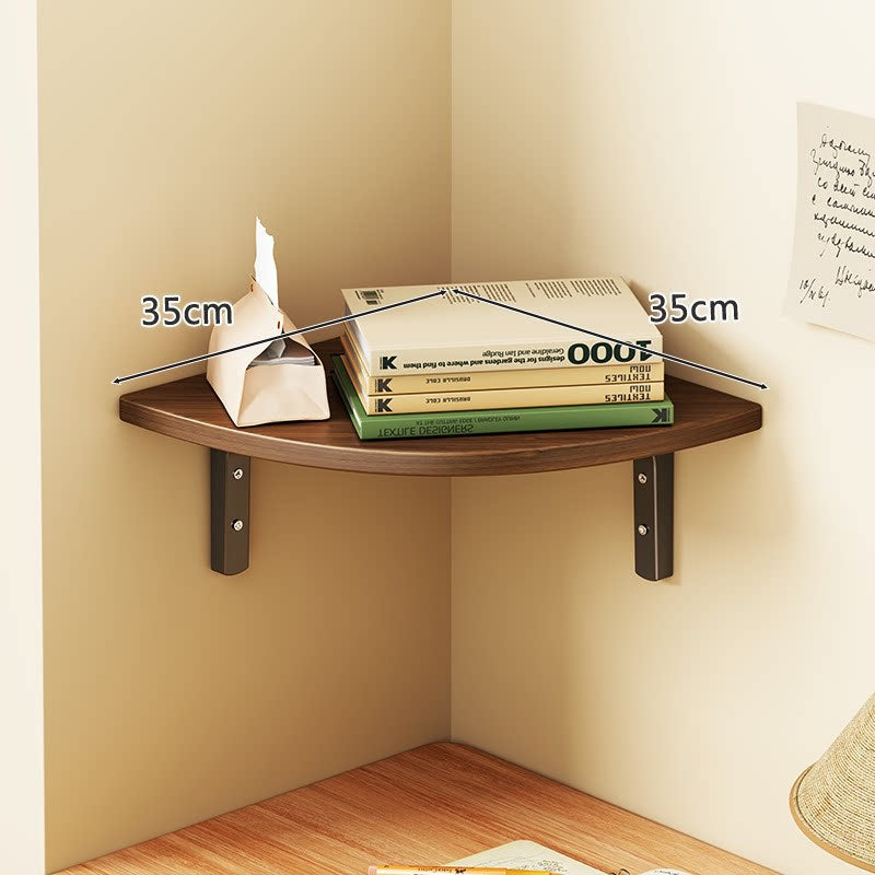 Corner Floating Wall Shelf with Curved Triangular Wooden Top and Heavy-Duty Metal Brackets