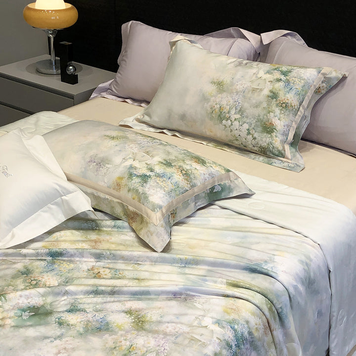 Luxurious satin bedding set with watercolor flower pattern