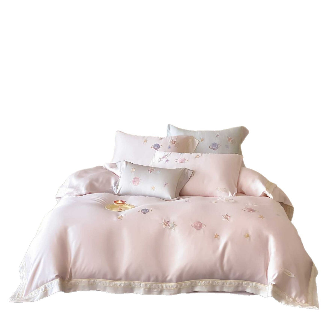 Satin bedding set with embroidered galaxy motif and silky smooth finish