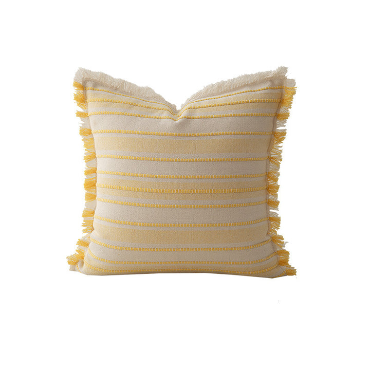 Square striped linen decorative cushion with fringed edge and textured weave