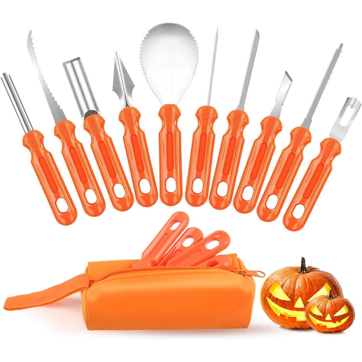 Multi-part pumpkin carving tool set made of stainless steel with storage bag