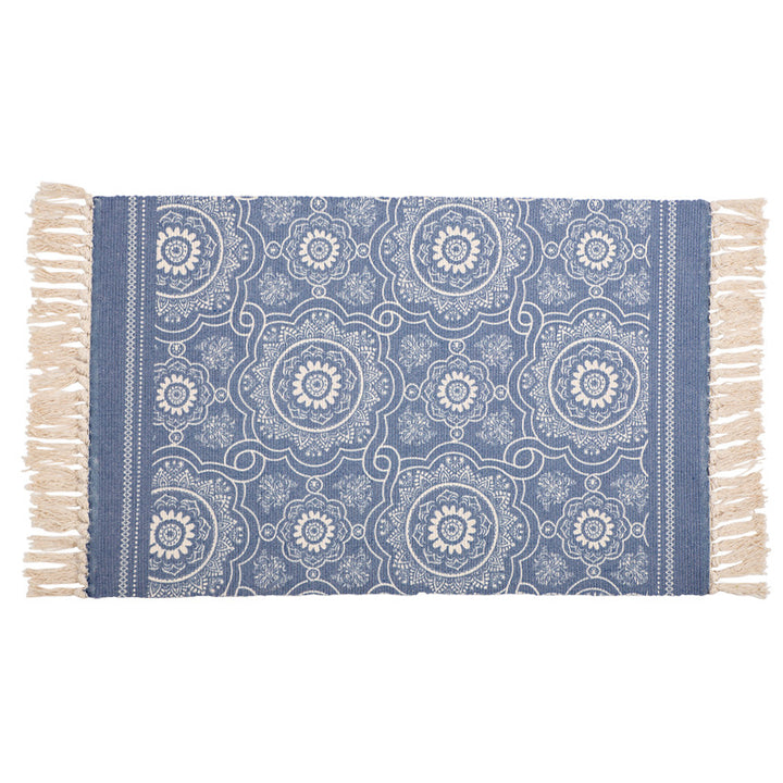 Handwoven cotton table runner with mandala jacquard and decorative fringes