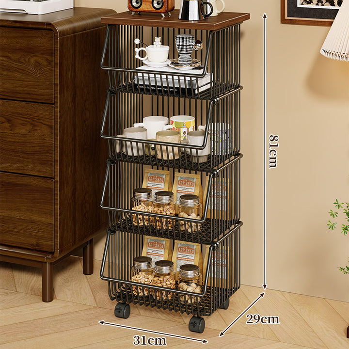 Mobile Four-Tier Kitchen Pantry Organizer Cart with Wood Top and Rolling Wire Baskets