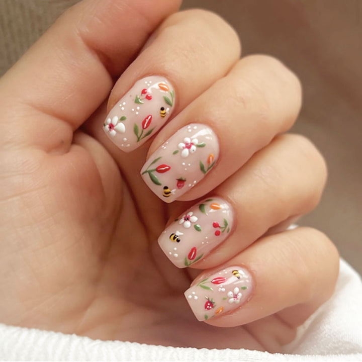 Floral-Designed Short Press-On Nails