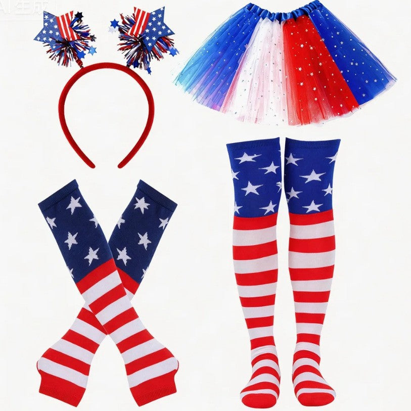 Women's patriotic carnival costume set with layered tulle skirt elastic waistband bow hairband thigh-high stockings and arm warmers Kalsten