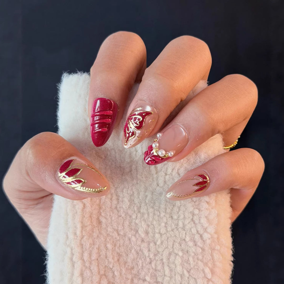 Artistic Press-On Nail Set with Pearl and Butterfly Accents