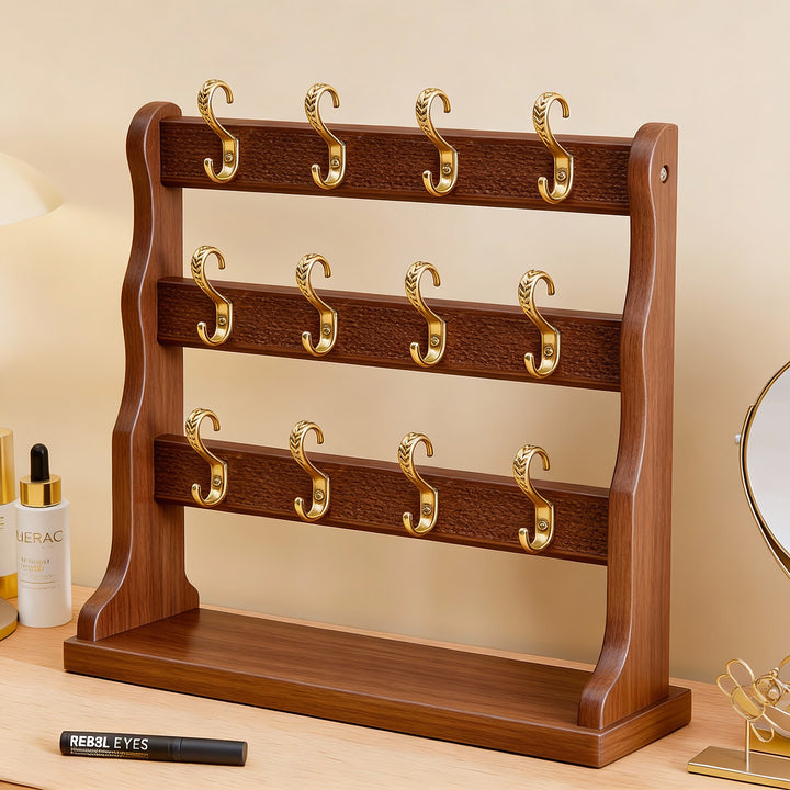 Triple-Tier Wooden Bracelet and Bangle Organizer Display Stand with Gold Hooks
