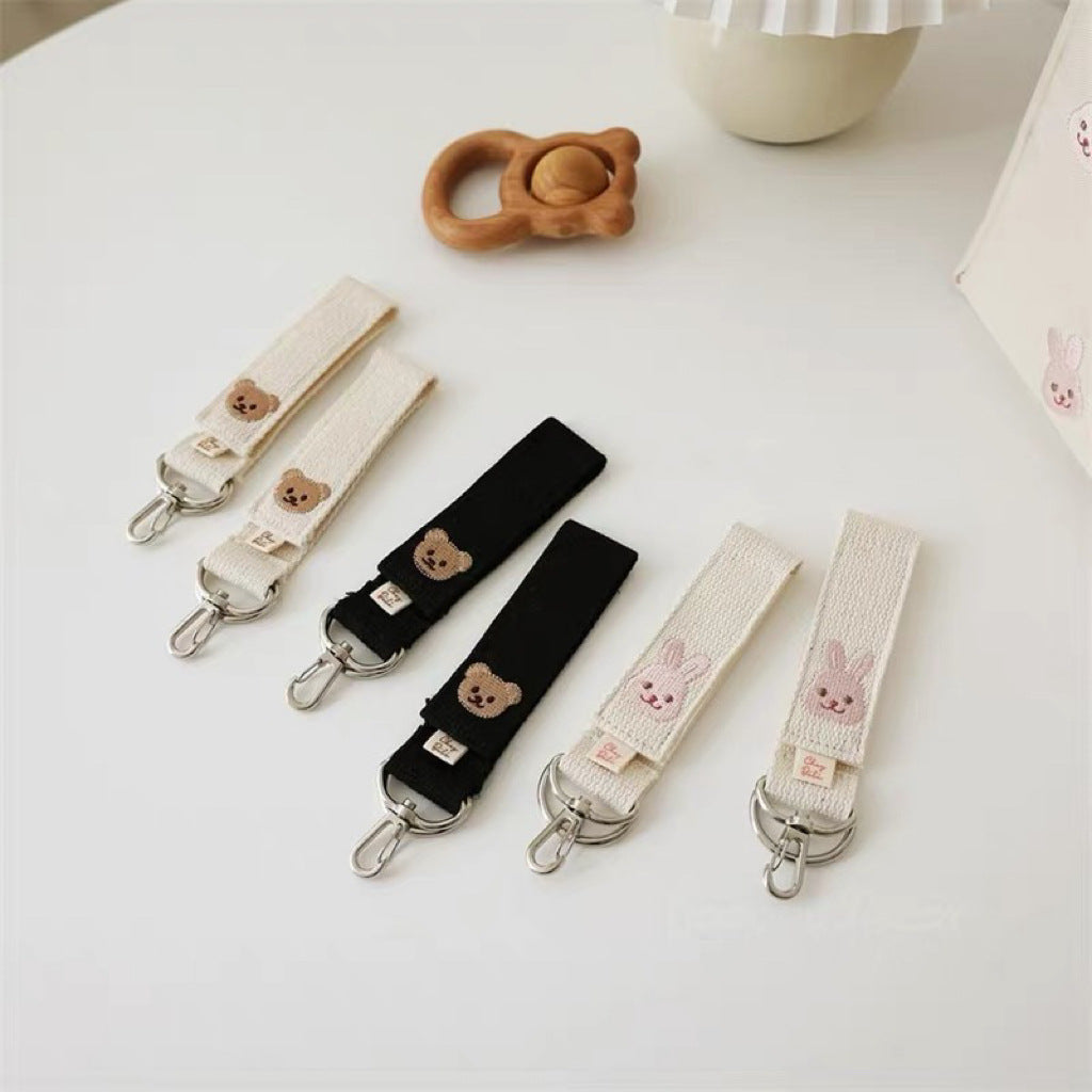 Woven Key Strap with Embroidered Bear Motif and Swivel Metal Clips
