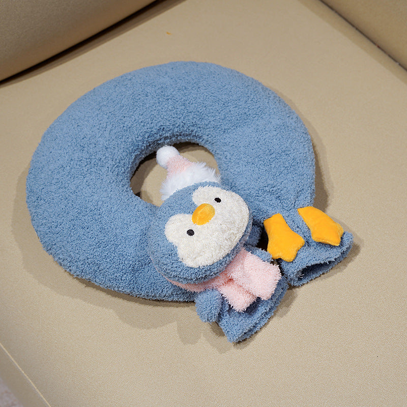 Ergonomic neck pillow travel pillow with cuddly penguin application