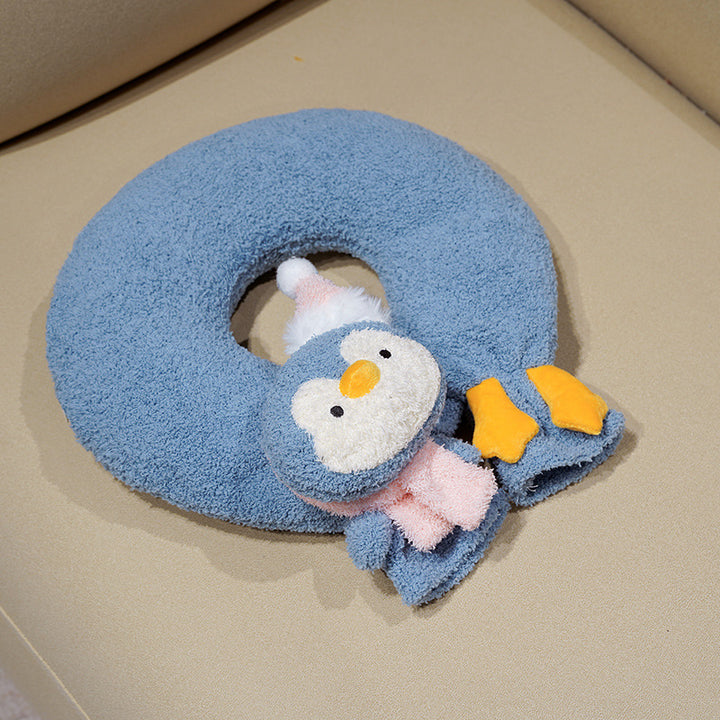 Ergonomic neck pillow travel pillow with cuddly penguin application