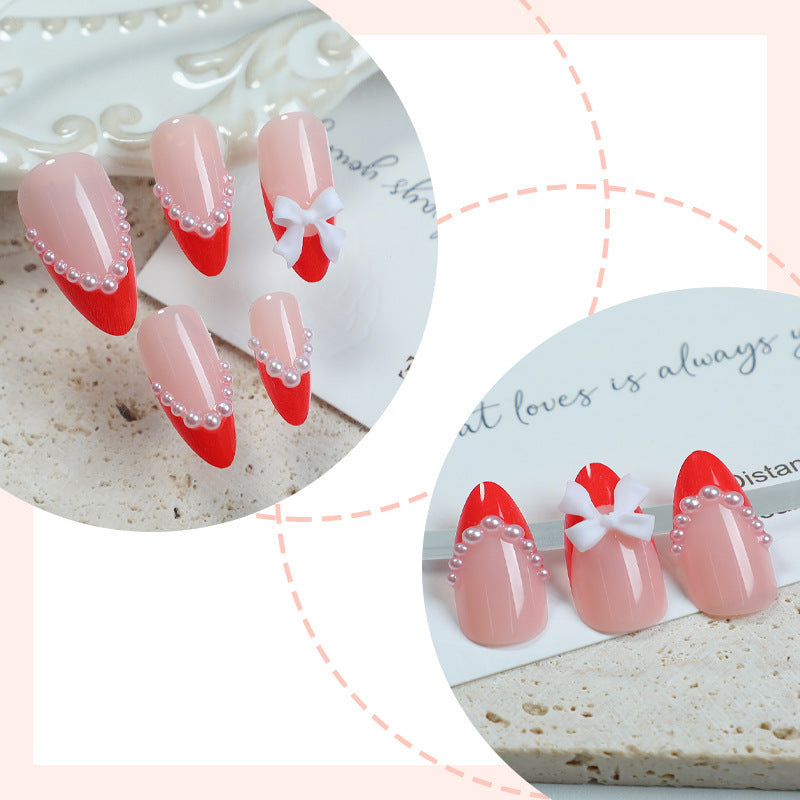 Elegant Press-On Nail Set with Pearl and Bow Accents Kalsten