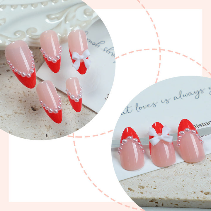 Elegant Press-On Nail Set with Pearl and Bow Accents Kalsten