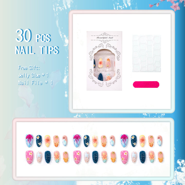 Floral Ocean-Inspired Press-On Nail Art Set