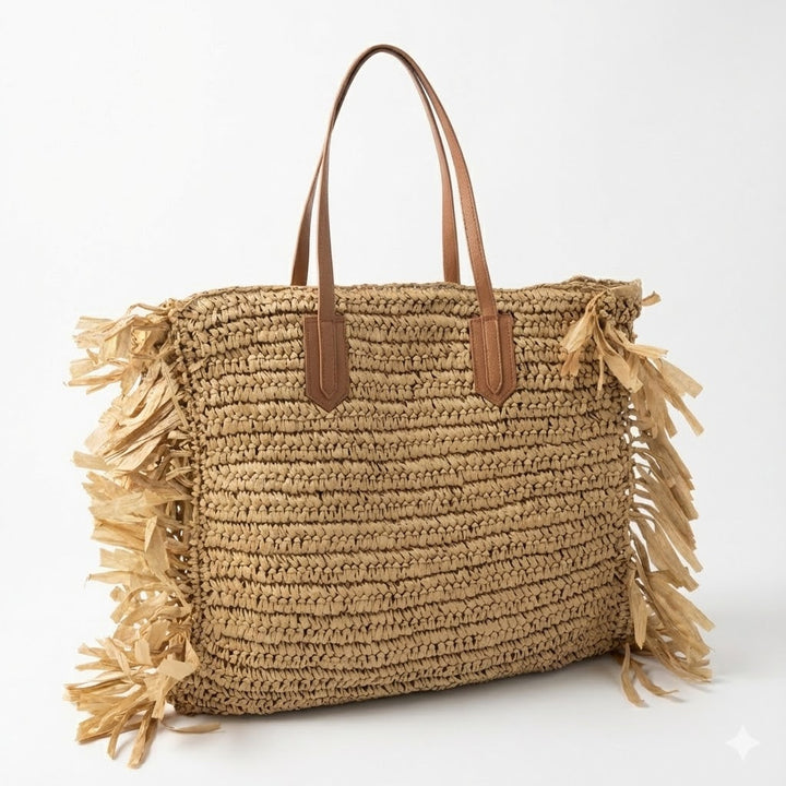 Beach bag with fringed design and sturdy leather handles Kalsten