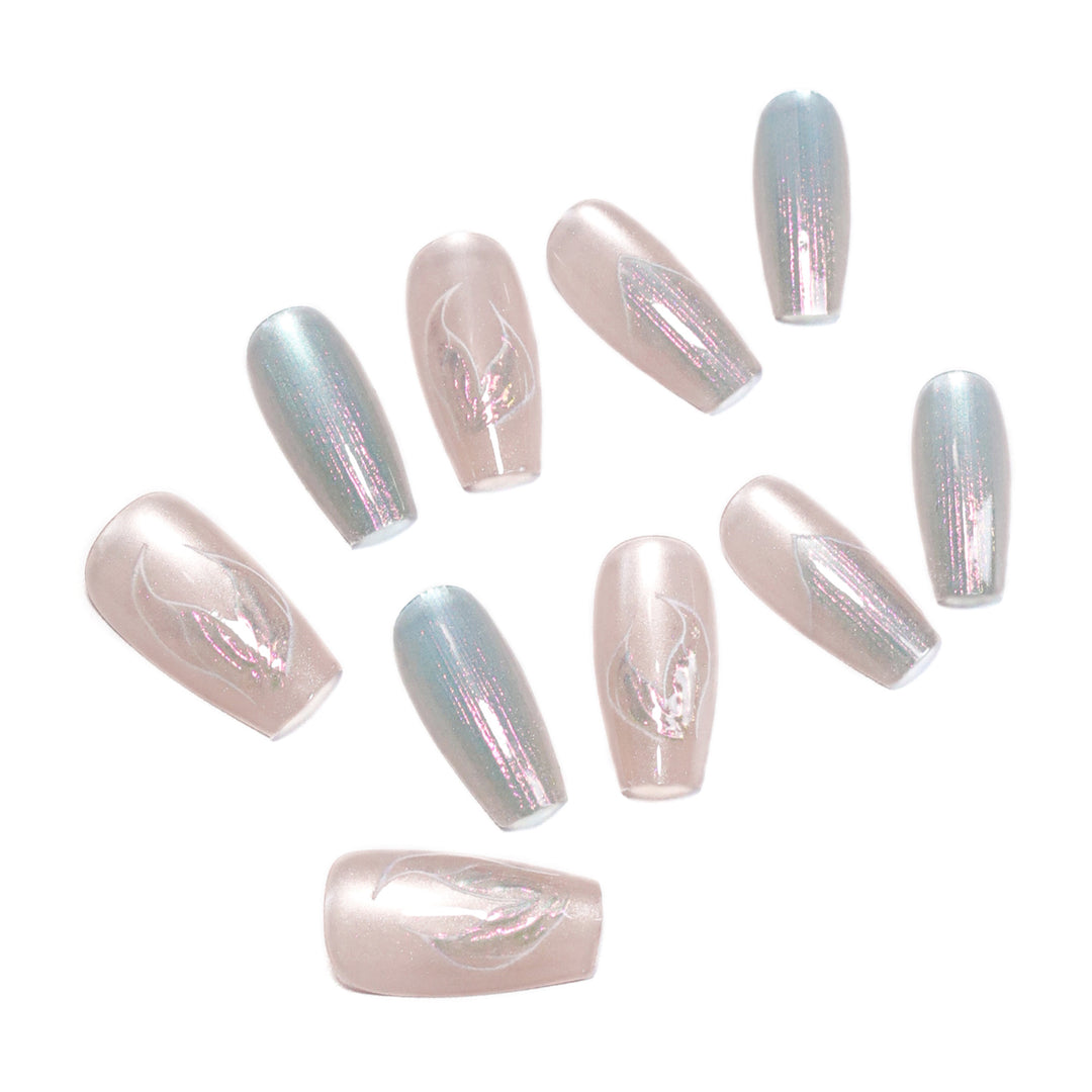 Artful artificial nails with transparent color gradient and delicate floral designs Kalsten