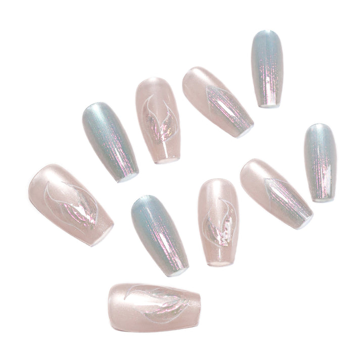 Artful artificial nails with transparent color gradient and delicate floral designs Kalsten